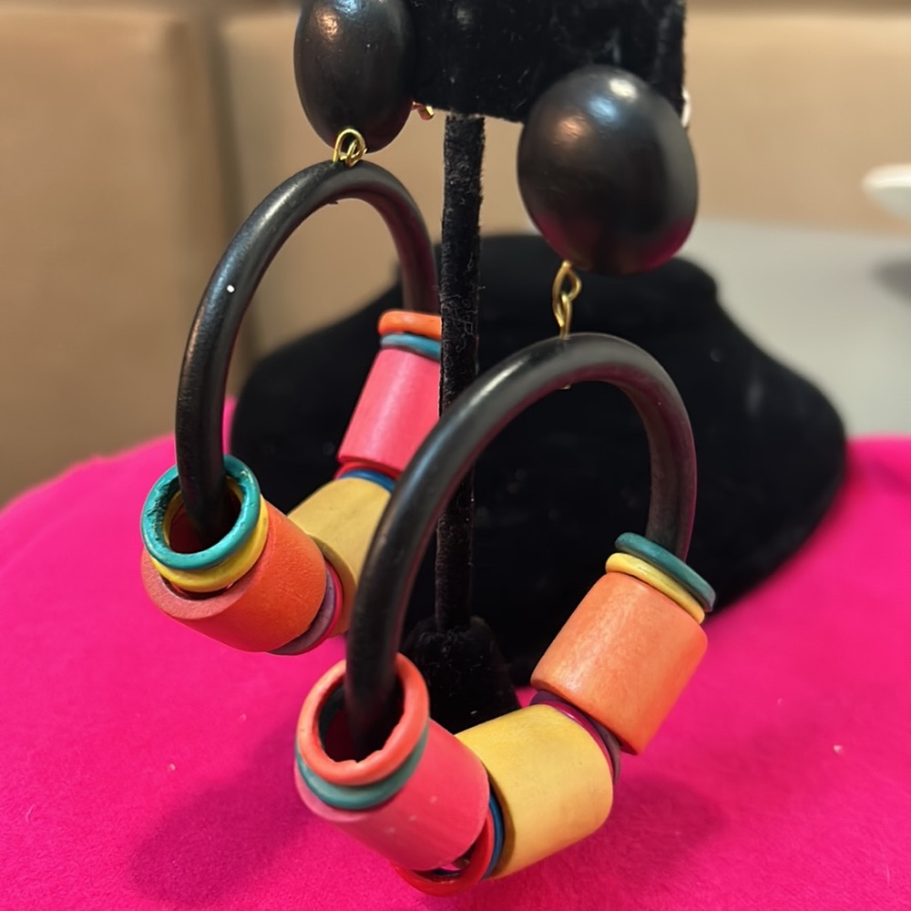 Multicolored Hand made Wood Earrings CLIP / NEW